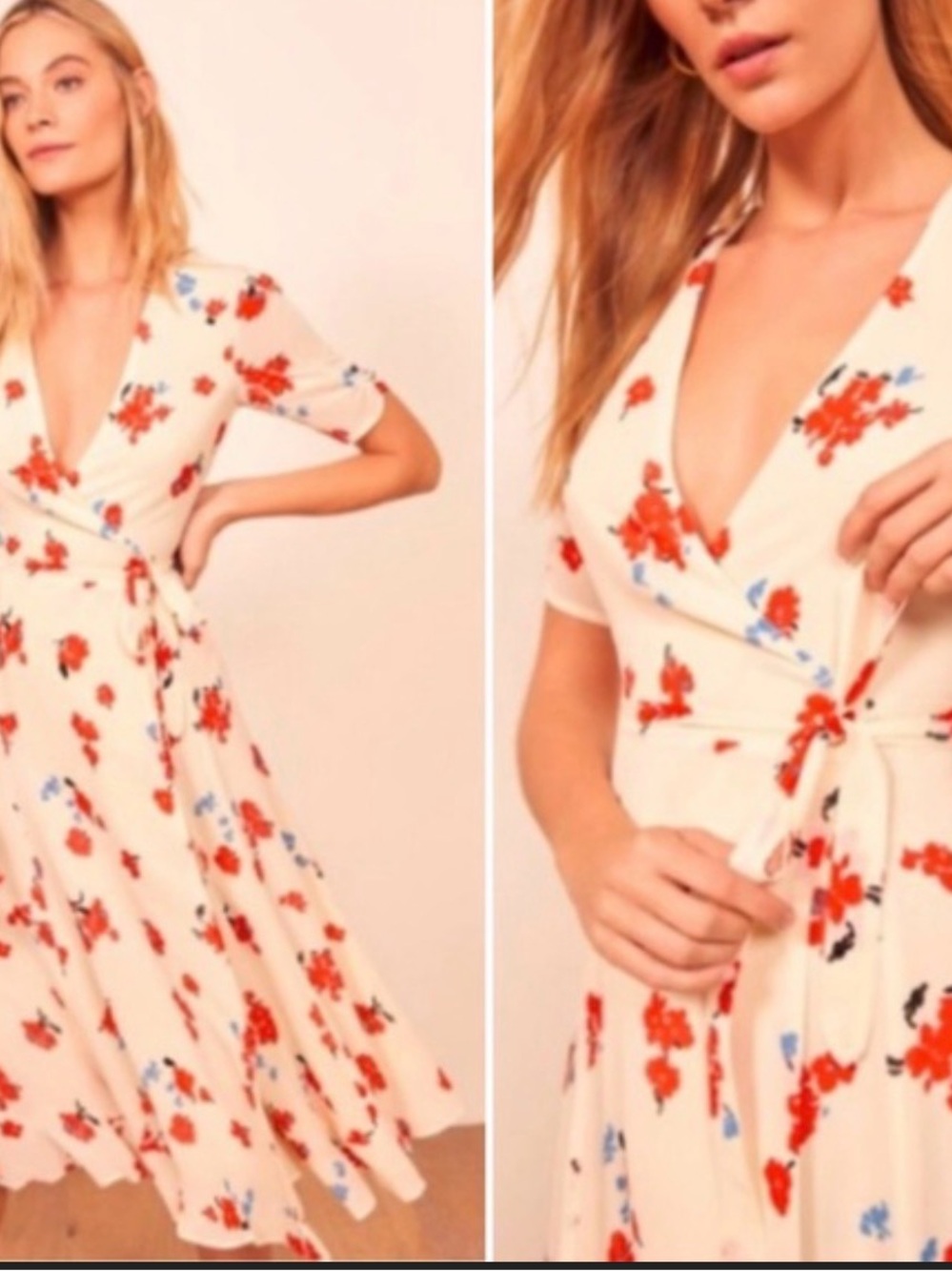 Reformation Cream Wrap Midi Dress with Red and Blue Floral Print